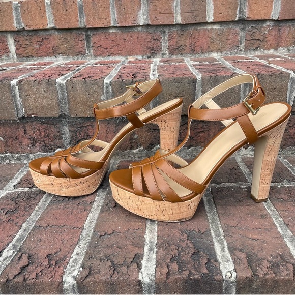 Michael Michael Kors Brown Leather Strappy Cork Heeled Platform Sandals Size 11M - Picture 4 of 15